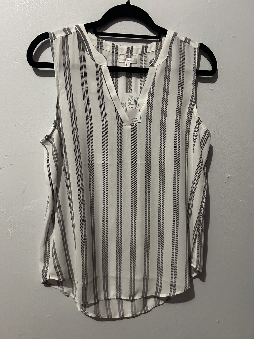 Maurices White and Gray Vertical Stripe Sleeveless V-Neck Blouse